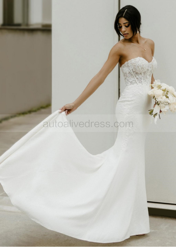 Strapless Sweetheart Neck White Satin Lace Classic Wedding Dress